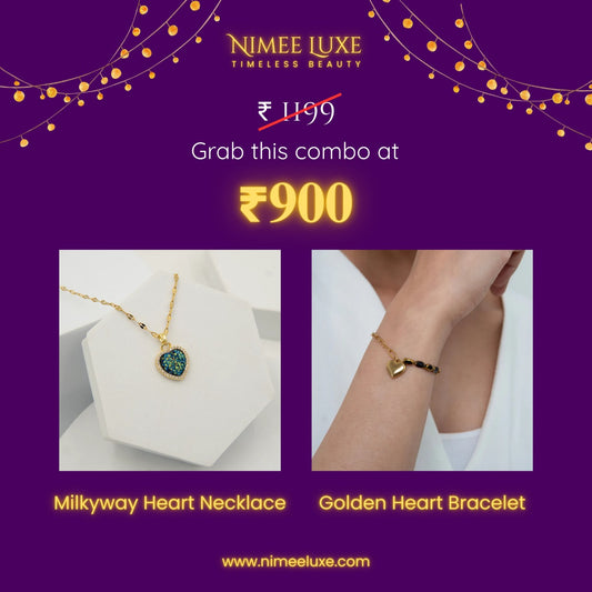 Milkyway Necklace + Golden Heart Black Beads Bracelet Combo