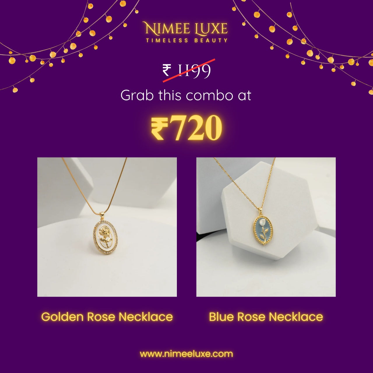 Golden Rose Enamel Necklace + Blue Rose Enamel Necklace Combo