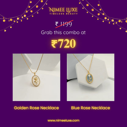 Golden Rose Enamel Necklace + Blue Rose Enamel Necklace Combo