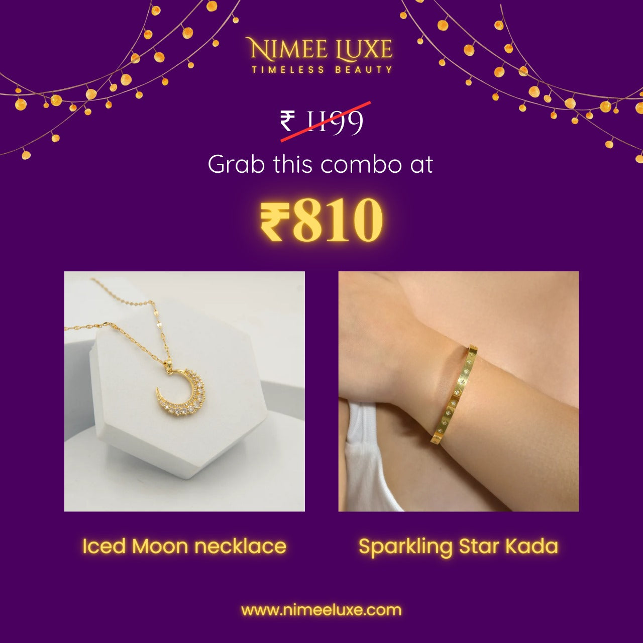 Iced Moon Necklace + Sparkling Star Kada Bracelet Combo