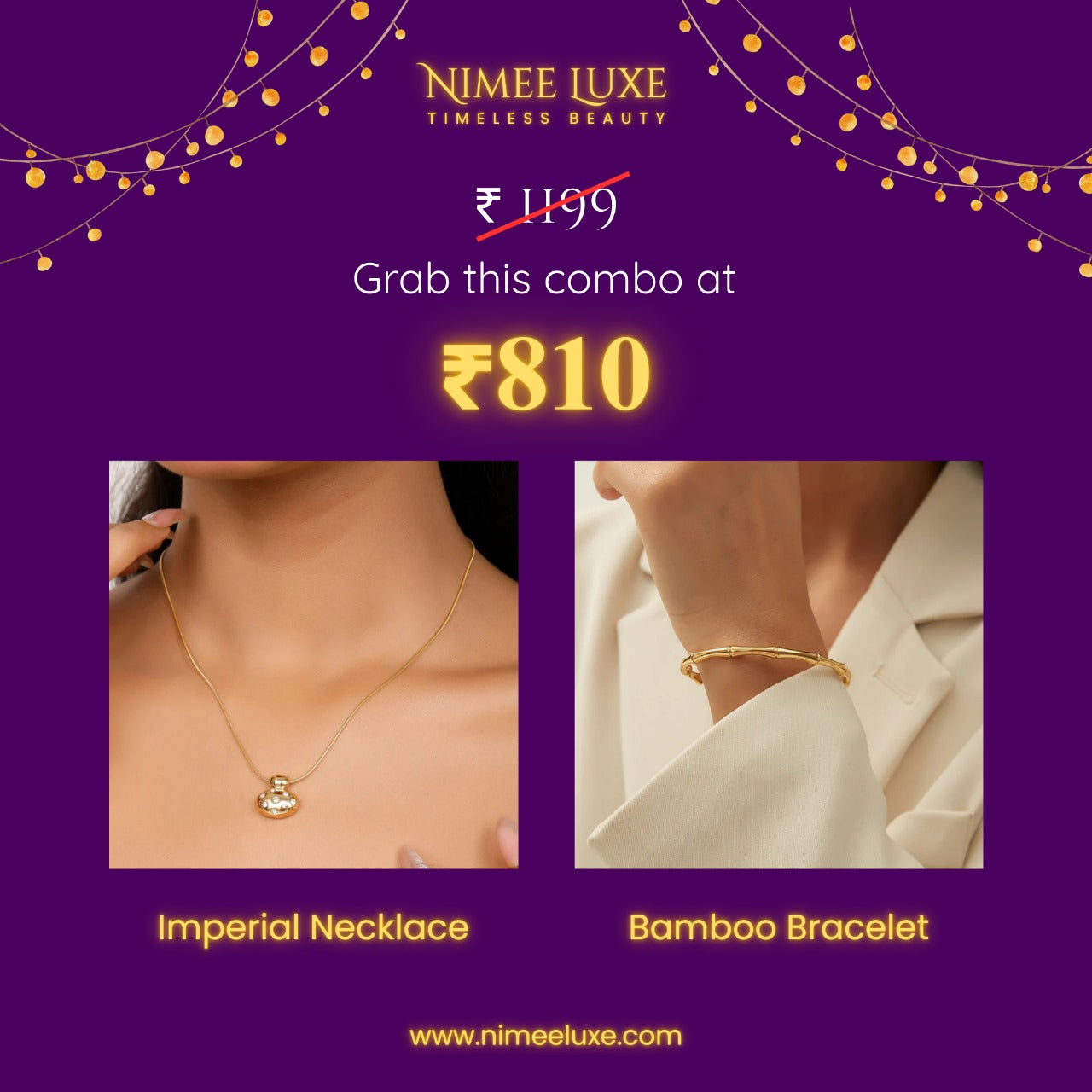Imperial Diamond Necklace + Bamboo Kada Bracelet Combo