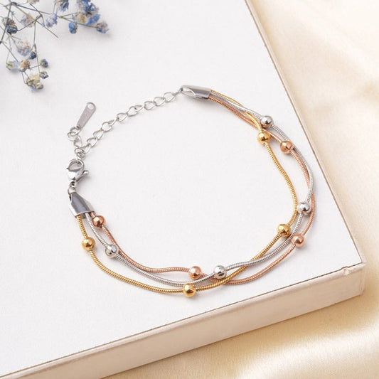 Triple Tone Layered Bead Bracelet – Gold, Rose Gold & Silver Finish
