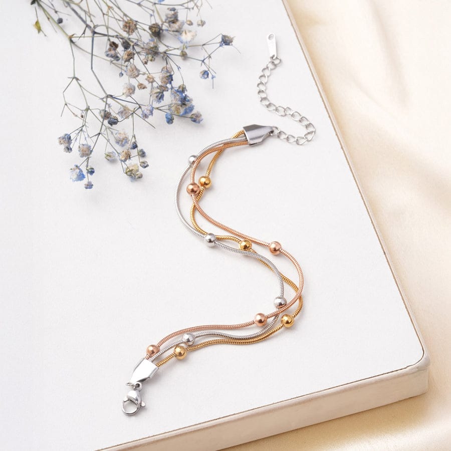 Triple Tone Layered Bead Bracelet – Gold, Rose Gold & Silver Finish