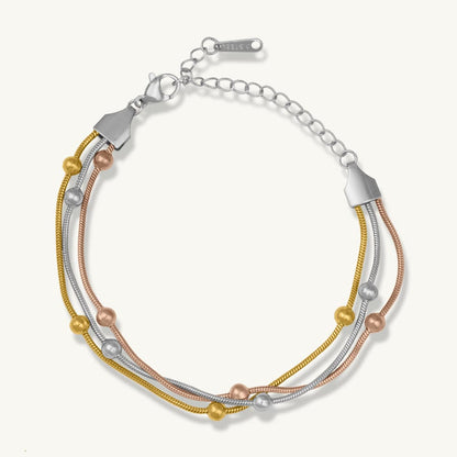 Triple Tone Layered Bead Bracelet – Gold, Rose Gold & Silver Finish