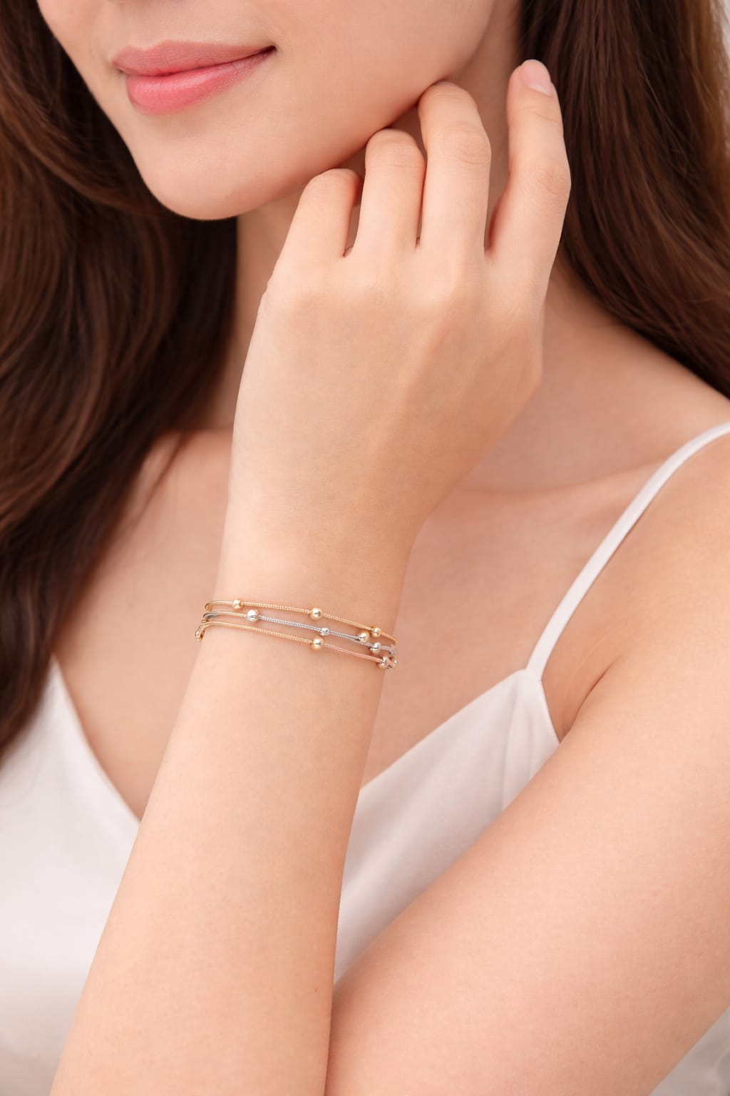 Triple Tone Layered Bead Bracelet – Gold, Rose Gold & Silver Finish