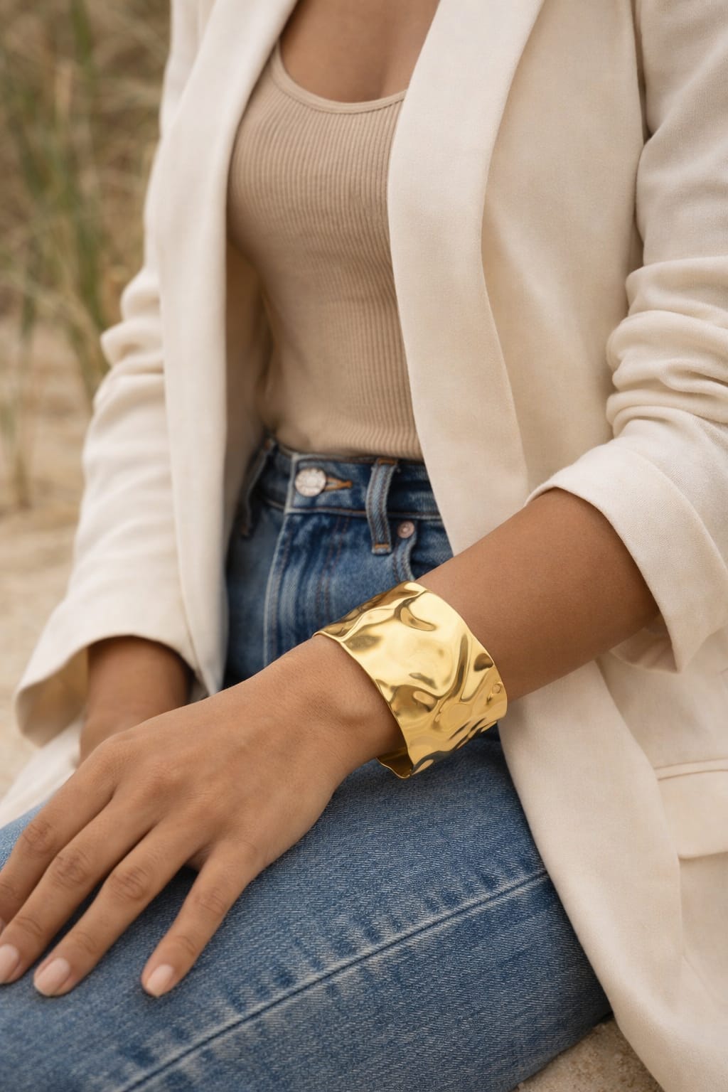 Hammered Wave Cuff Bracelet – 18K Gold Plated