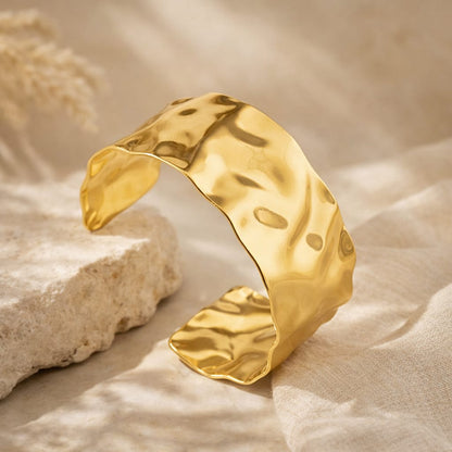 Hammered Wave Cuff Bracelet – 18K Gold Plated