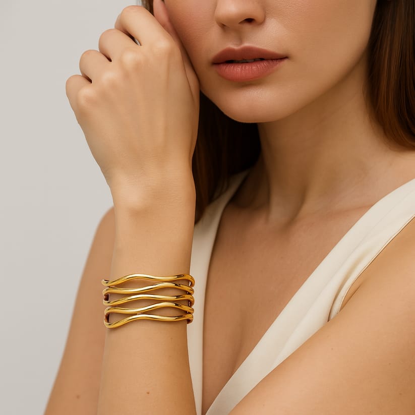 Fluid Wave Layered Cuff Bracelet – 18K Gold Plated