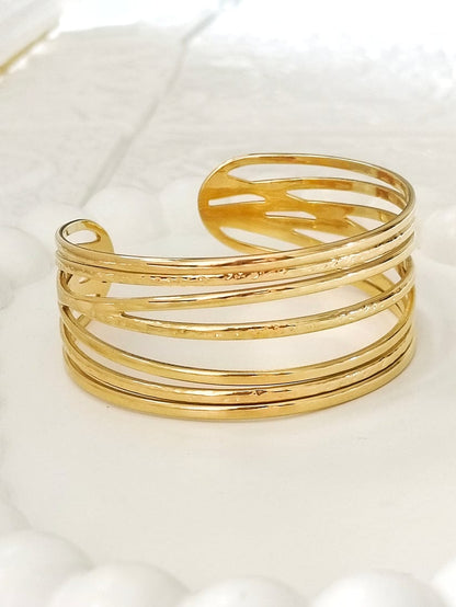 Layered Gold Open Cuff Bracelet – 18K Gold Plated