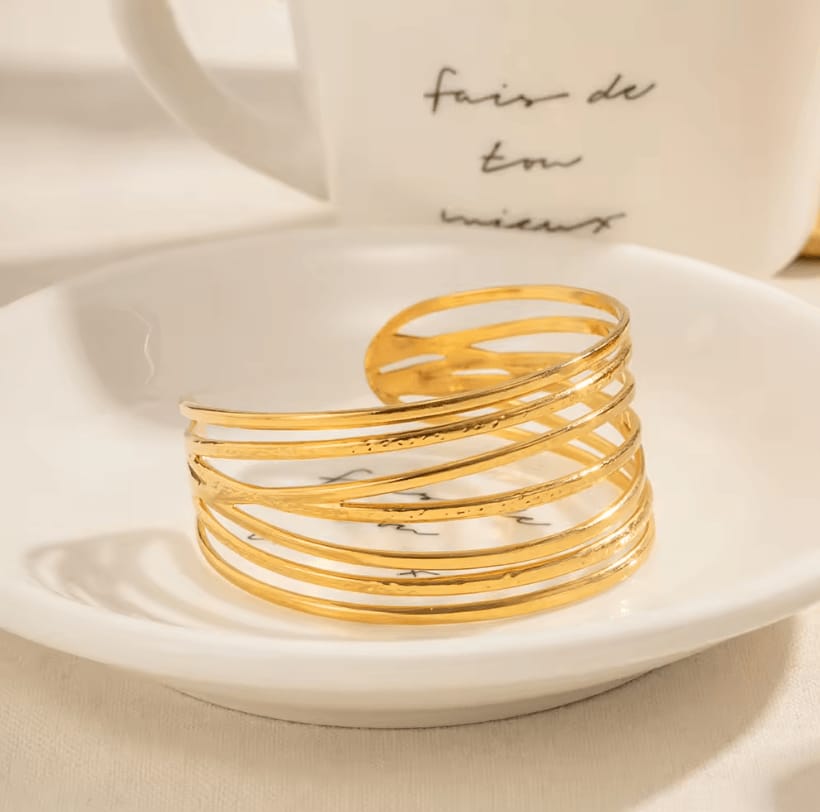 Layered Gold Open Cuff Bracelet – 18K Gold Plated