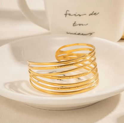 Layered Gold Open Cuff Bracelet – 18K Gold Plated
