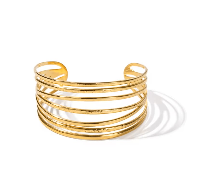 Layered Gold Open Cuff Bracelet – 18K Gold Plated