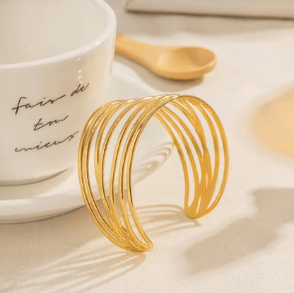 Layered Gold Open Cuff Bracelet – 18K Gold Plated