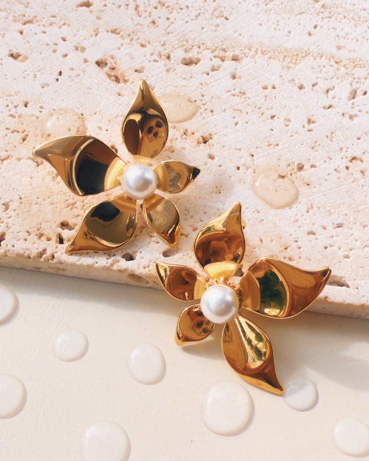 Golden Bloom Pearl Flower Stud Earrings