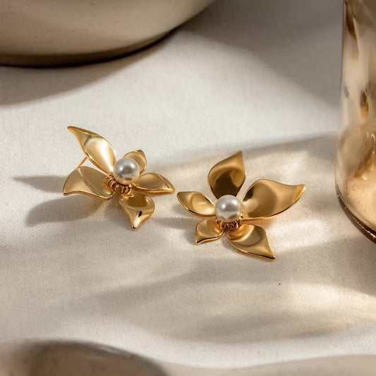 Golden Bloom Pearl Flower Stud Earrings