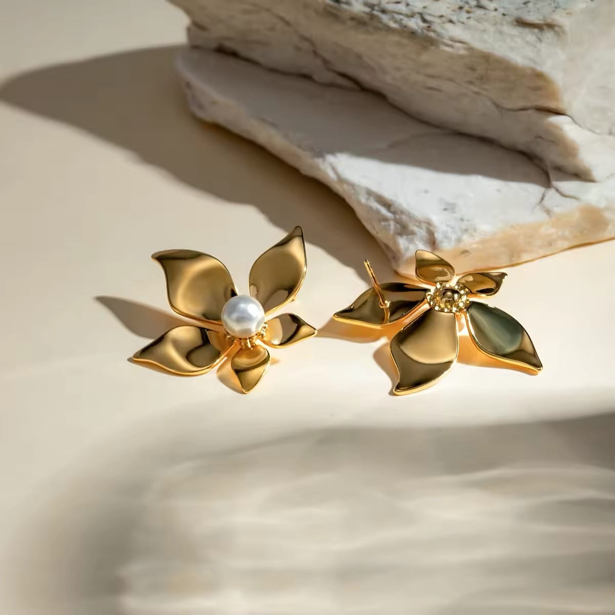 Golden Bloom Pearl Flower Stud Earrings