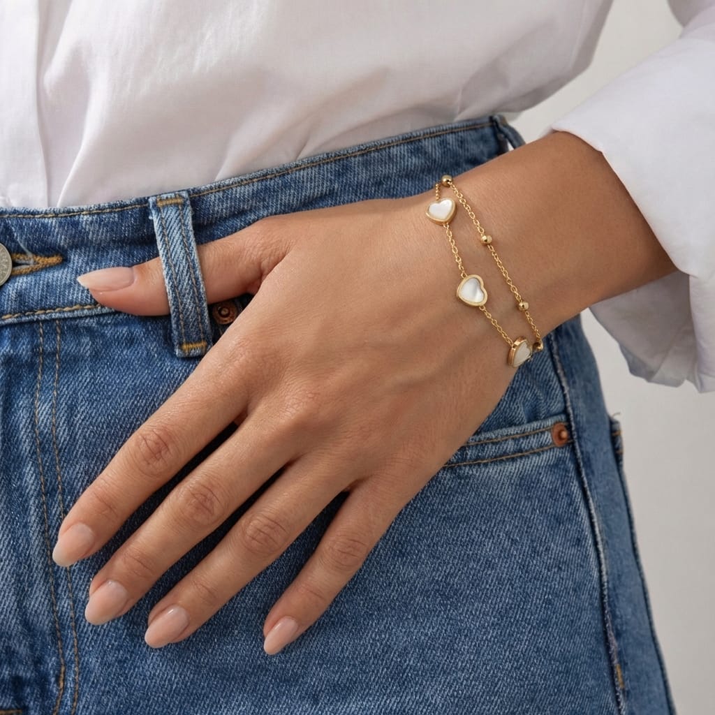 White Heart Charm Gold Bracelet