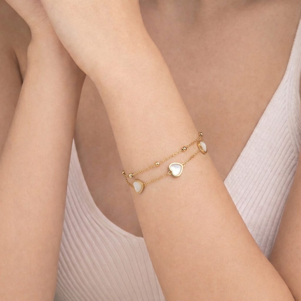 White Heart Charm Gold Bracelet