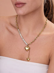 Gold Heart Charm Necklace with Zircon Studded Chain
