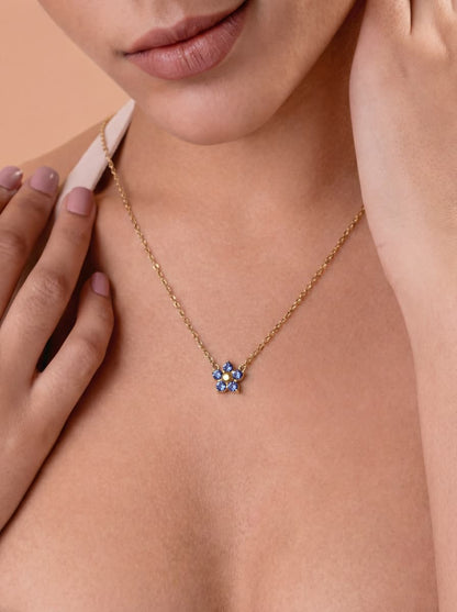 Blue Blossom Crystal Gold Pendant Necklace