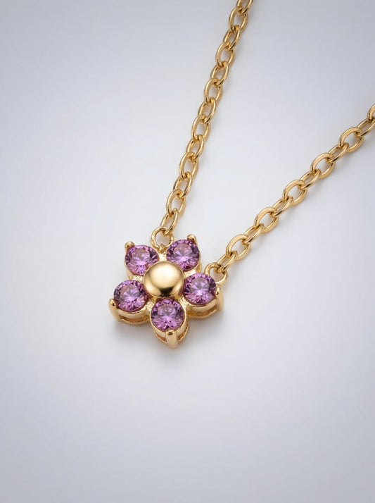 Rose Pink Blossom Crystal Gold Pendant Necklace