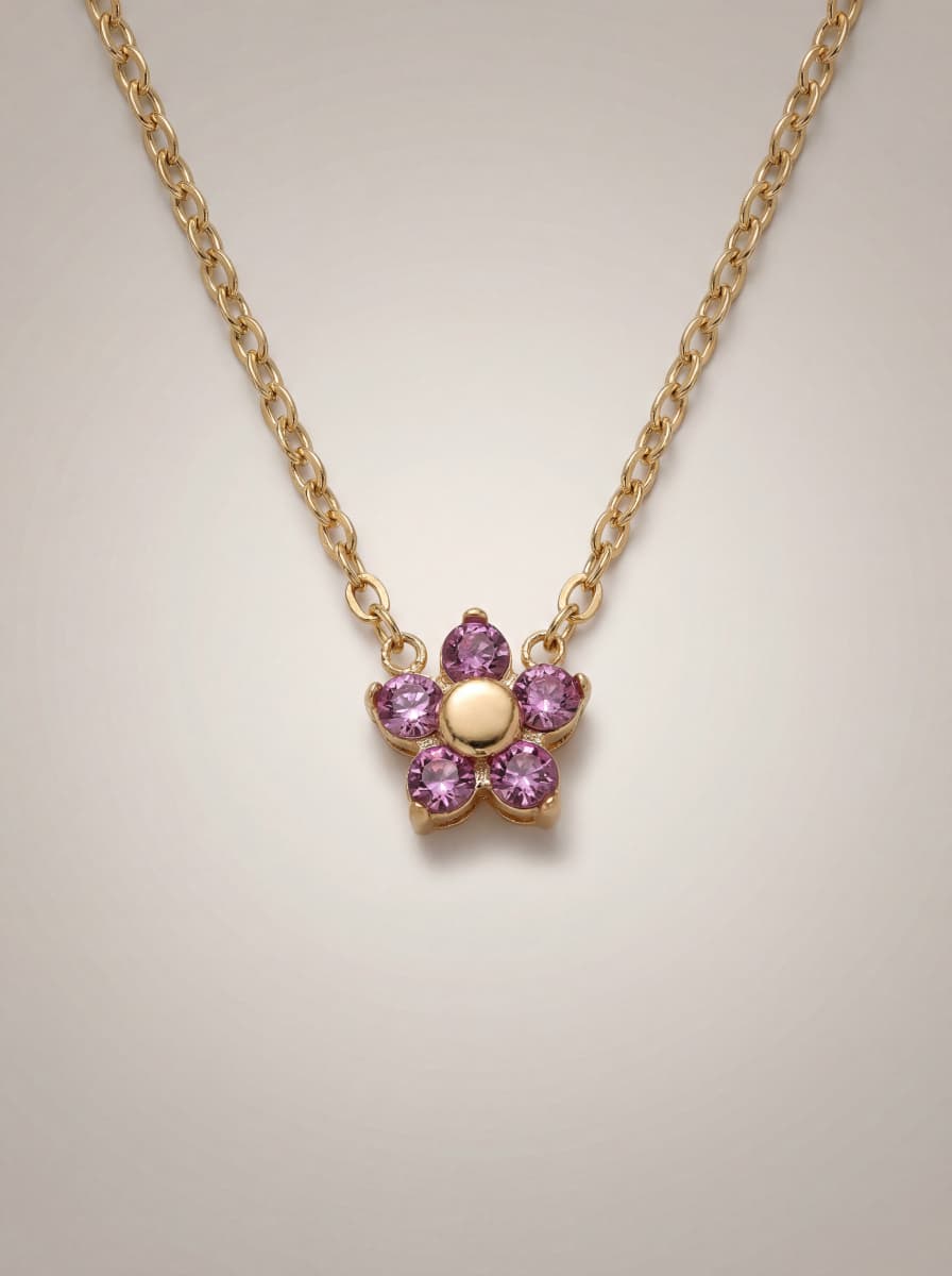 Rose Pink Blossom Crystal Gold Pendant Necklace