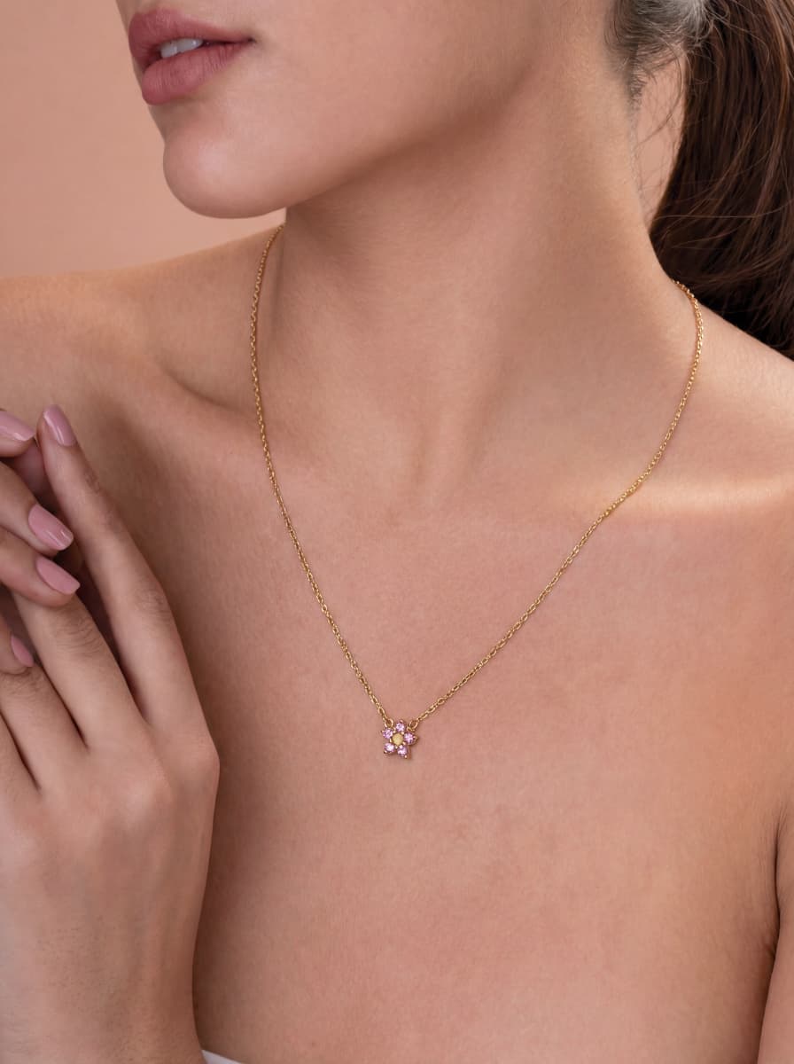 Rose Pink Blossom Crystal Gold Pendant Necklace