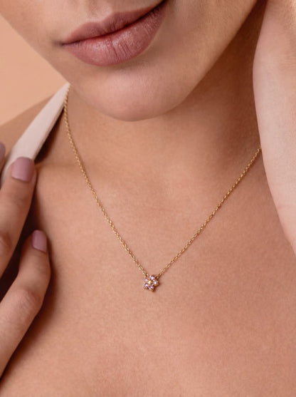 Rose Pink Blossom Crystal Gold Pendant Necklace