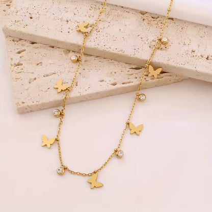 Butterfly Diamond Charms Necklace Gold Plated, Waterproof and Anti-Tarnish