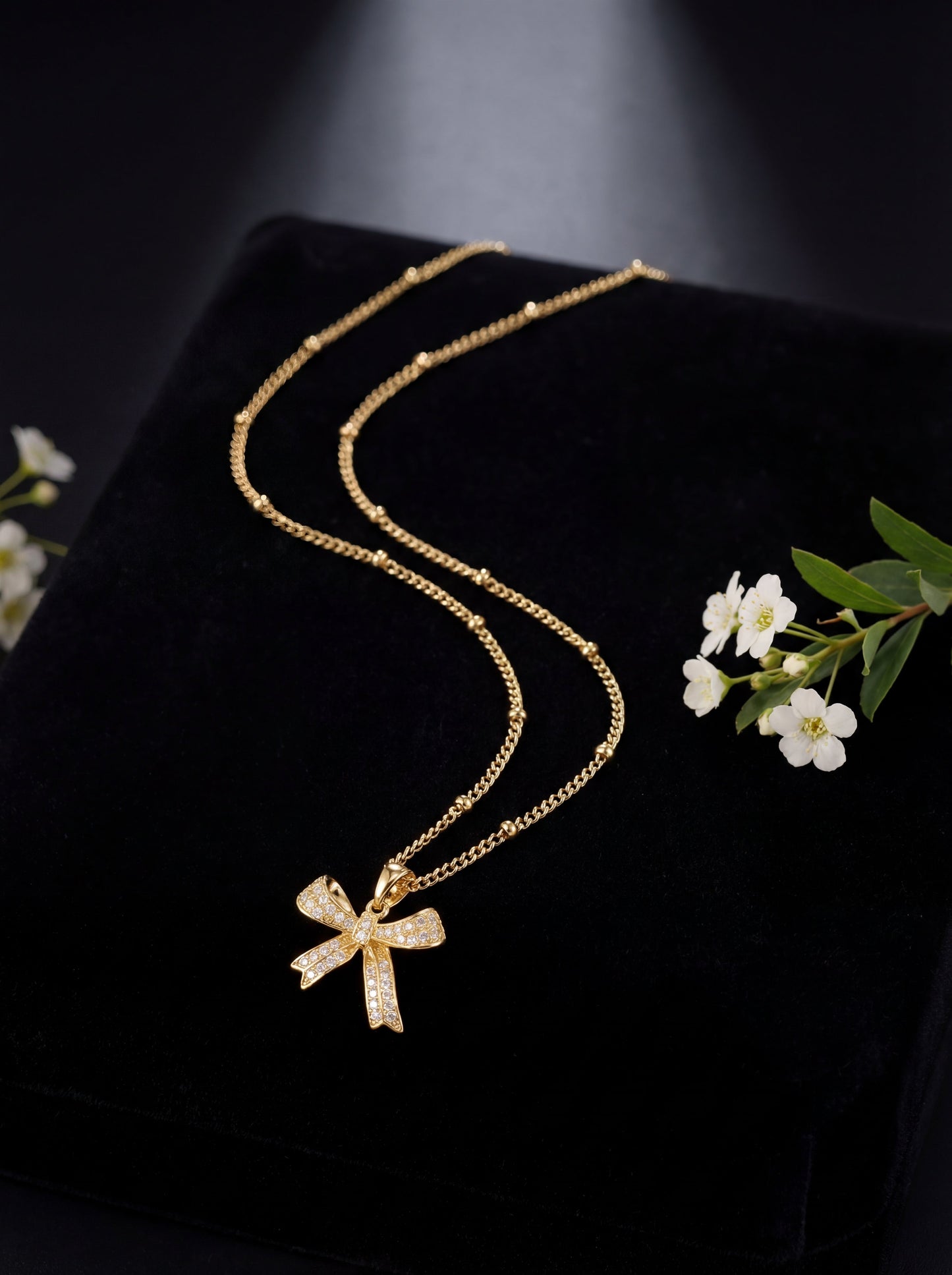 Iced Bow Necklace, Rose Bow Necklace, Small Bow Earrings & Snake Chain Necklace Combo