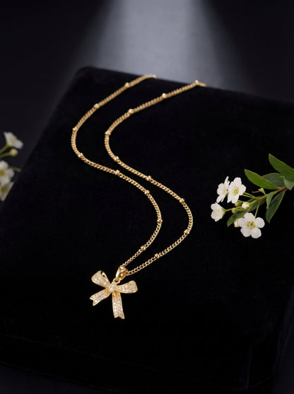 Iced Bow Necklace, Rose Bow Necklace, Small Bow Earrings & Snake Chain Necklace Combo