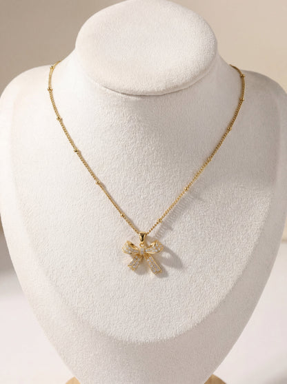 Iced Bow Necklace, Rose Bow Necklace, Small Bow Earrings & Snake Chain Necklace Combo