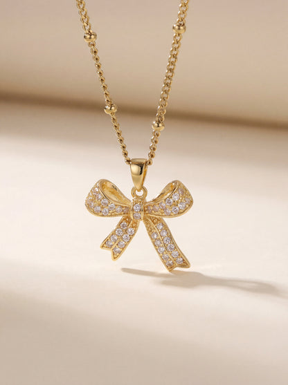 Iced Bow Necklace, Rose Bow Necklace, Small Bow Earrings & Snake Chain Necklace Combo