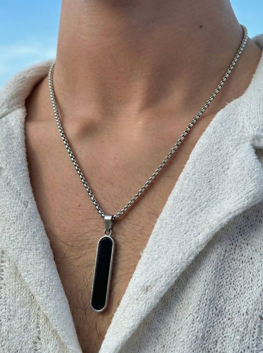 Black Onyx Bar Pendant Necklace for Men - 60 CM