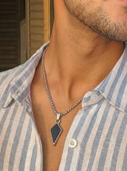 Black Geometric Shield Pendant Necklace for Men - 60 CM