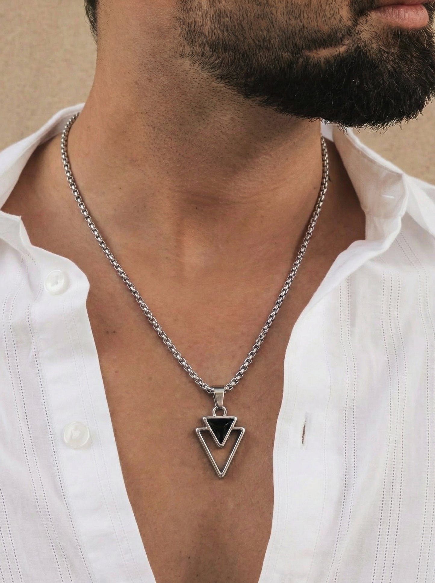 Black Inverted Triangle Pendant Necklace for Men - 60 CM