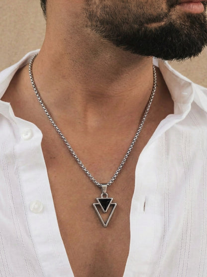 Black Inverted Triangle Pendant Necklace for Men - 60 CM