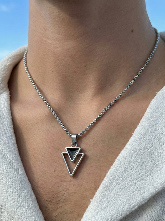 Black Inverted Triangle Pendant Necklace for Men - 60 CM