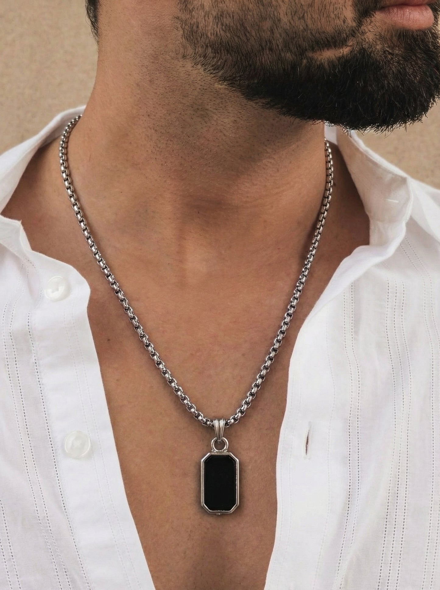 Classic Black Octagon Pendant Necklace for Men - 60 CM