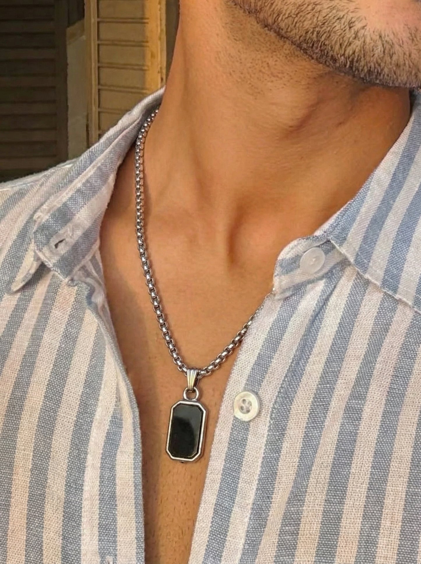 Classic Black Octagon Pendant Necklace for Men - 60 CM