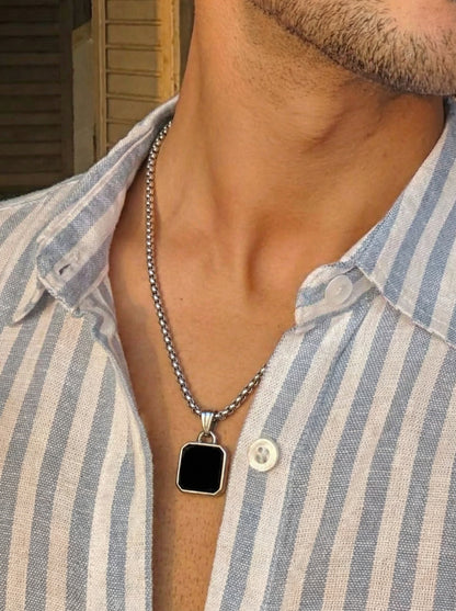 Classic Black Square Pendant Necklace for Men - 60 CM