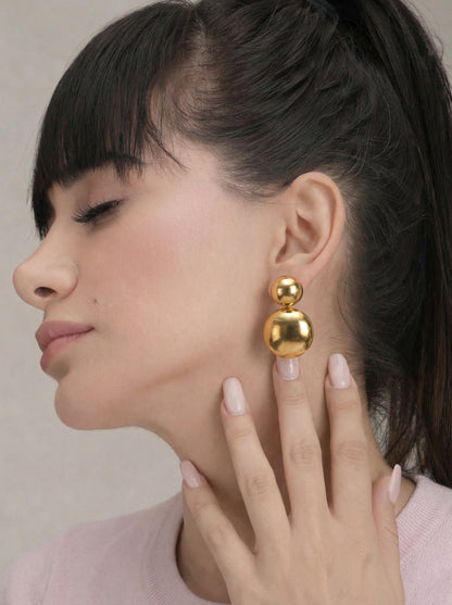 Golden Double Sphere Drop Earrings