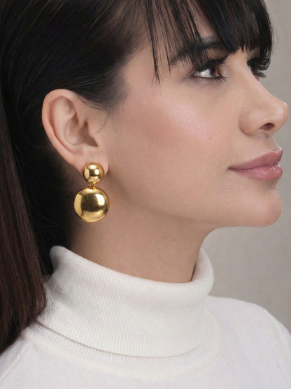Golden Double Sphere Drop Earrings