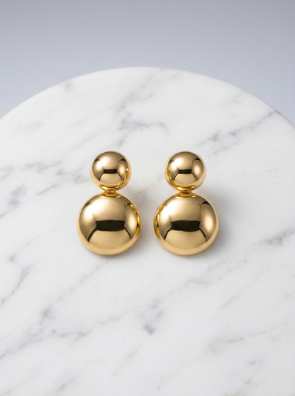 Golden Double Sphere Drop Earrings