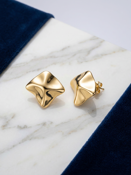 Golden Sculpted Abstract Stud Earrings