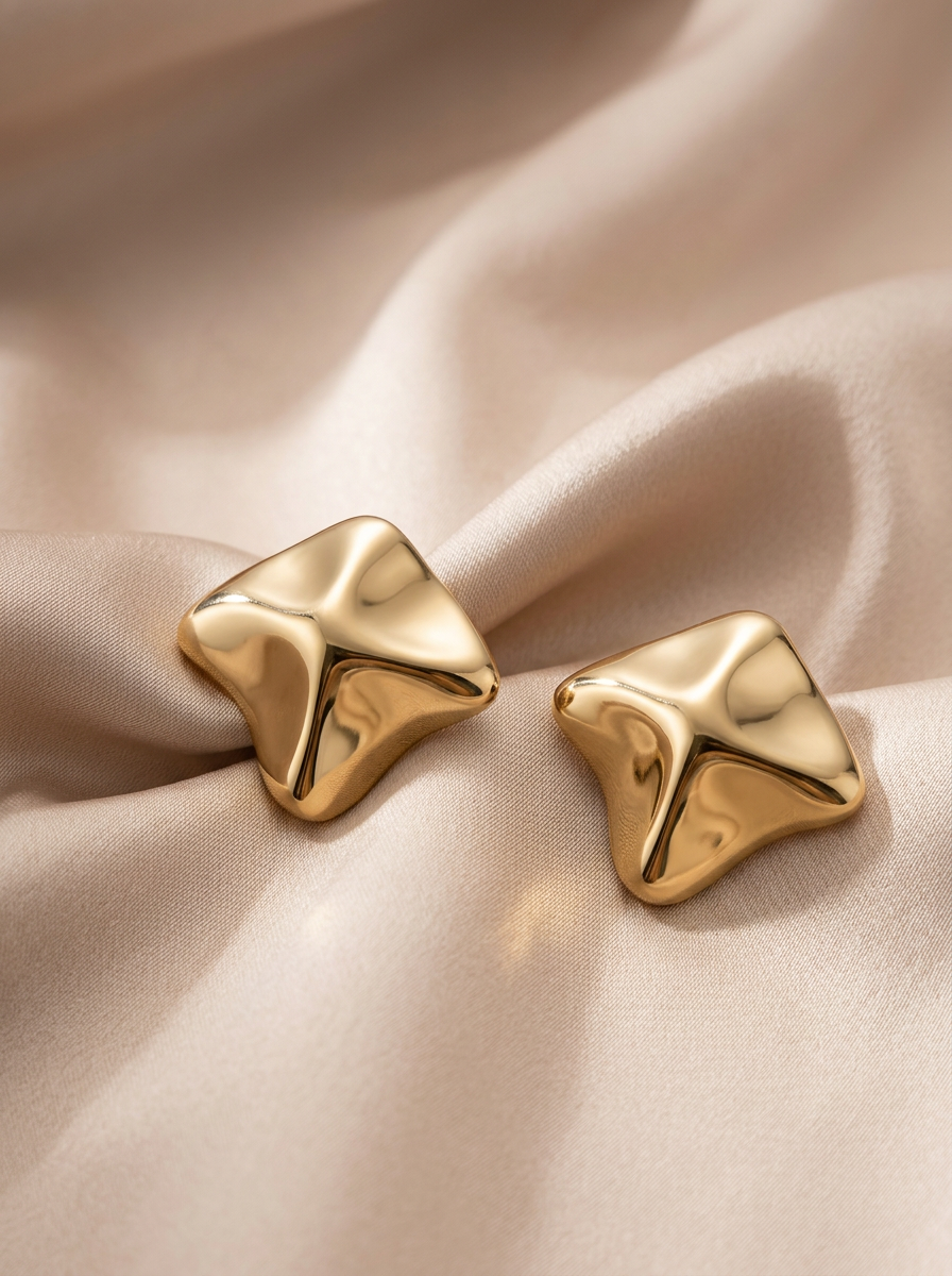 Golden Sculpted Abstract Stud Earrings