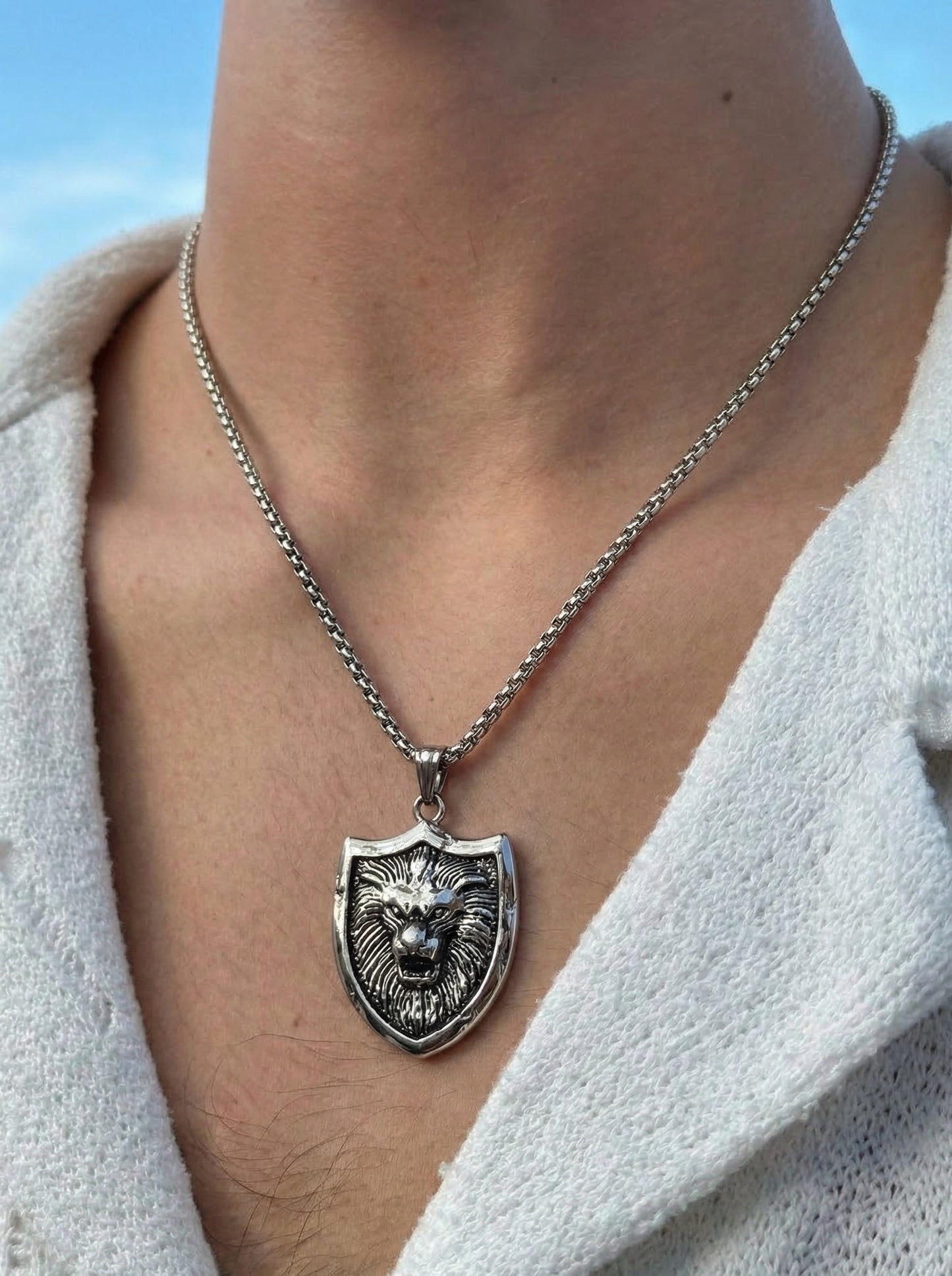 Silver Lion Shield Pendant Chain
