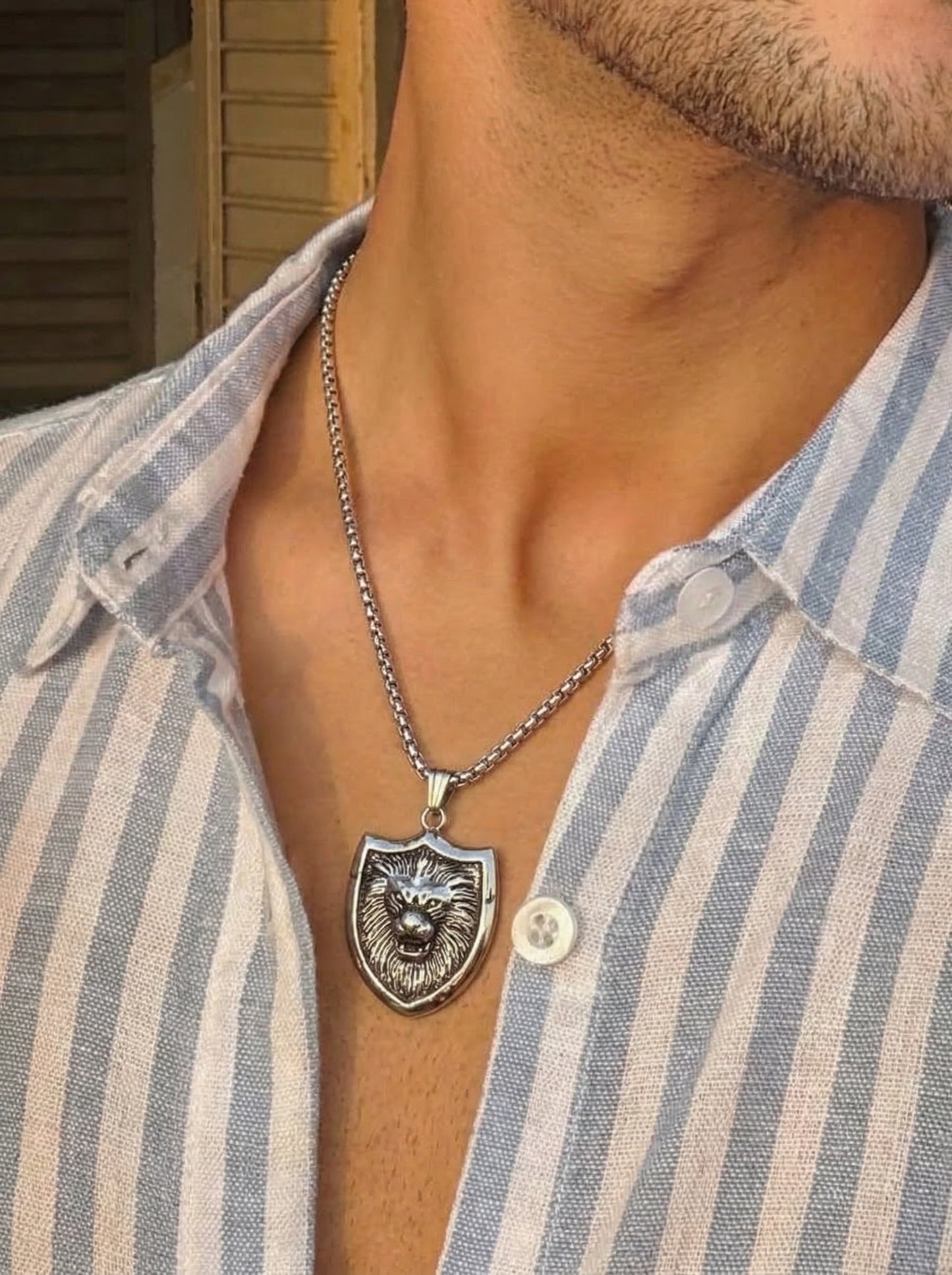 Silver Lion Shield Pendant Chain
