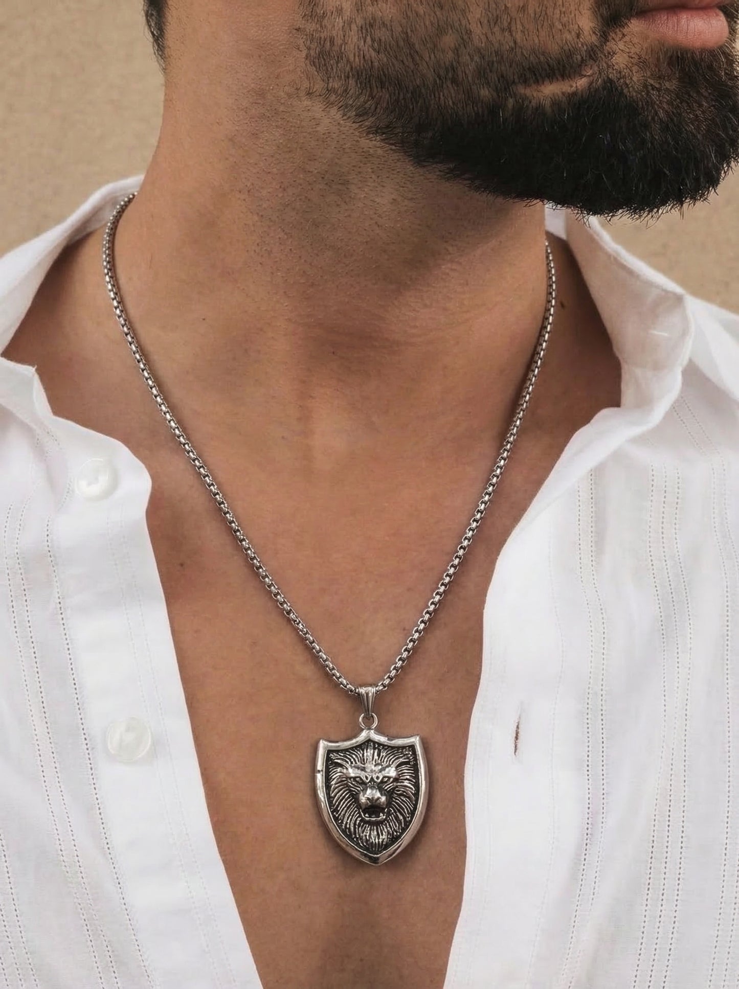 Silver Lion Shield Pendant Chain