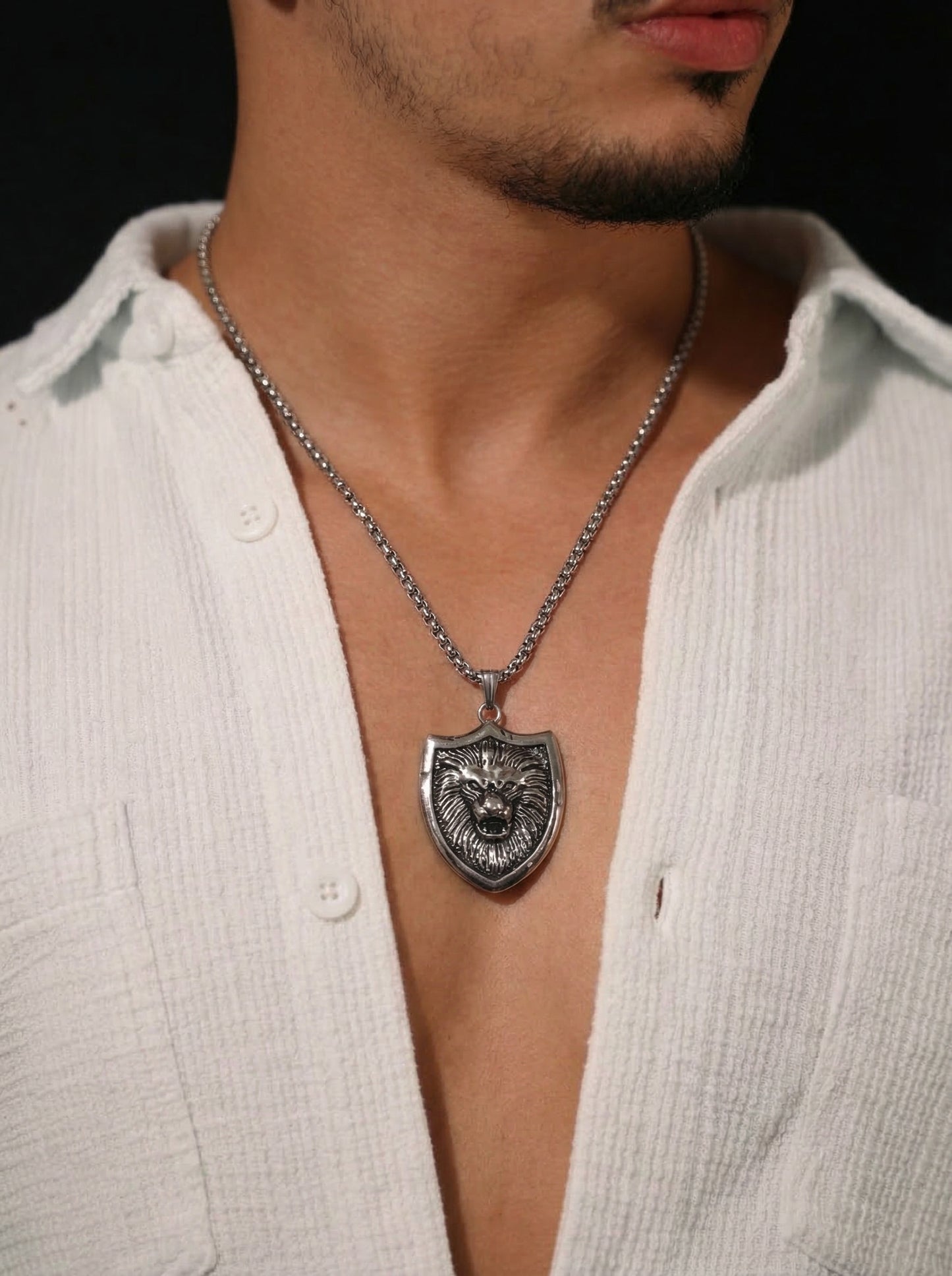 Silver Lion Shield Pendant Chain